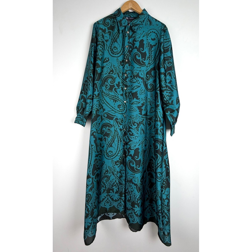ZARA Teal Black Paisley Satin Shirt Dress XL Long Sleeve Button Up 8735/214 - Picture 2 of 12